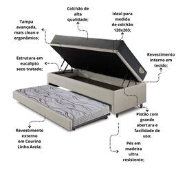 Bicama Box Baú Viúva 120x203 Courino Linho Areia com Colchão Adapto Molas Ensacadas Ecoflex - 5
