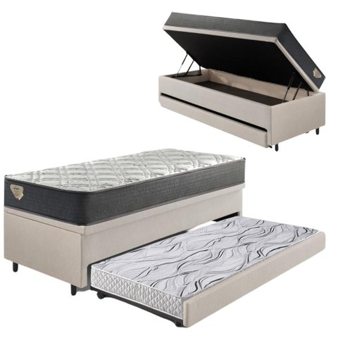 Bicama Box Baú Viúva 120x203 Courino Linho Areia com Colchão Adapto Molas Ensacadas Ecoflex