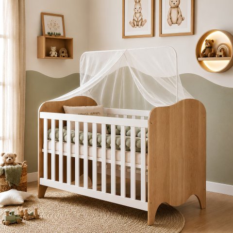 Berço Mini Cama 132,4x72,5 100% MDF Nuvem Branco/Amadeirado