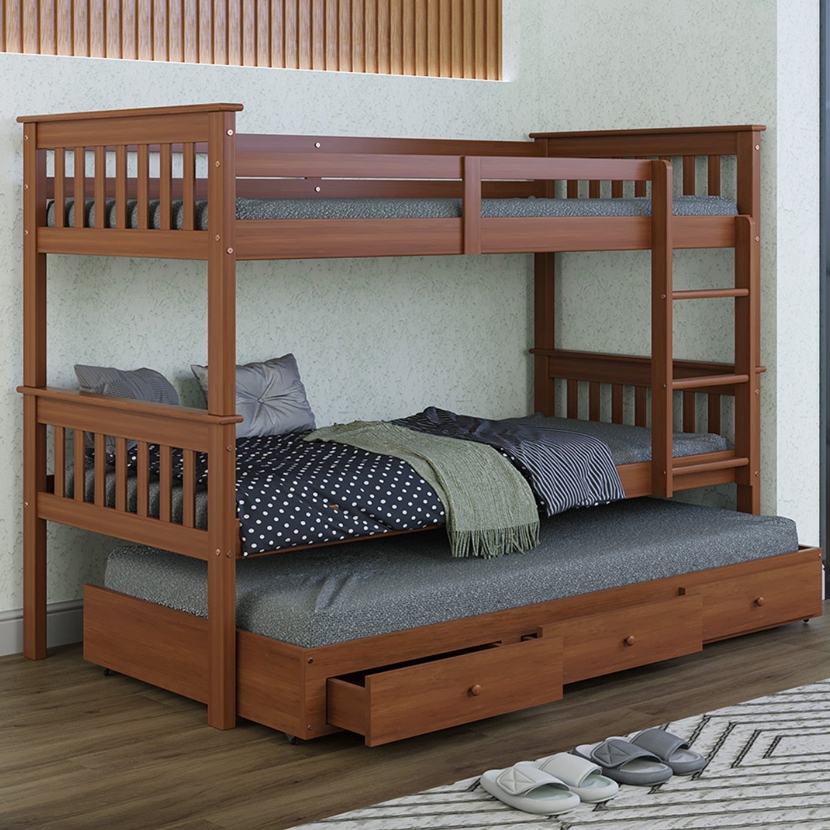 Beliche de Madeira Solteiro Merk + Cama Auxiliar com Gavetas:castanho - 3