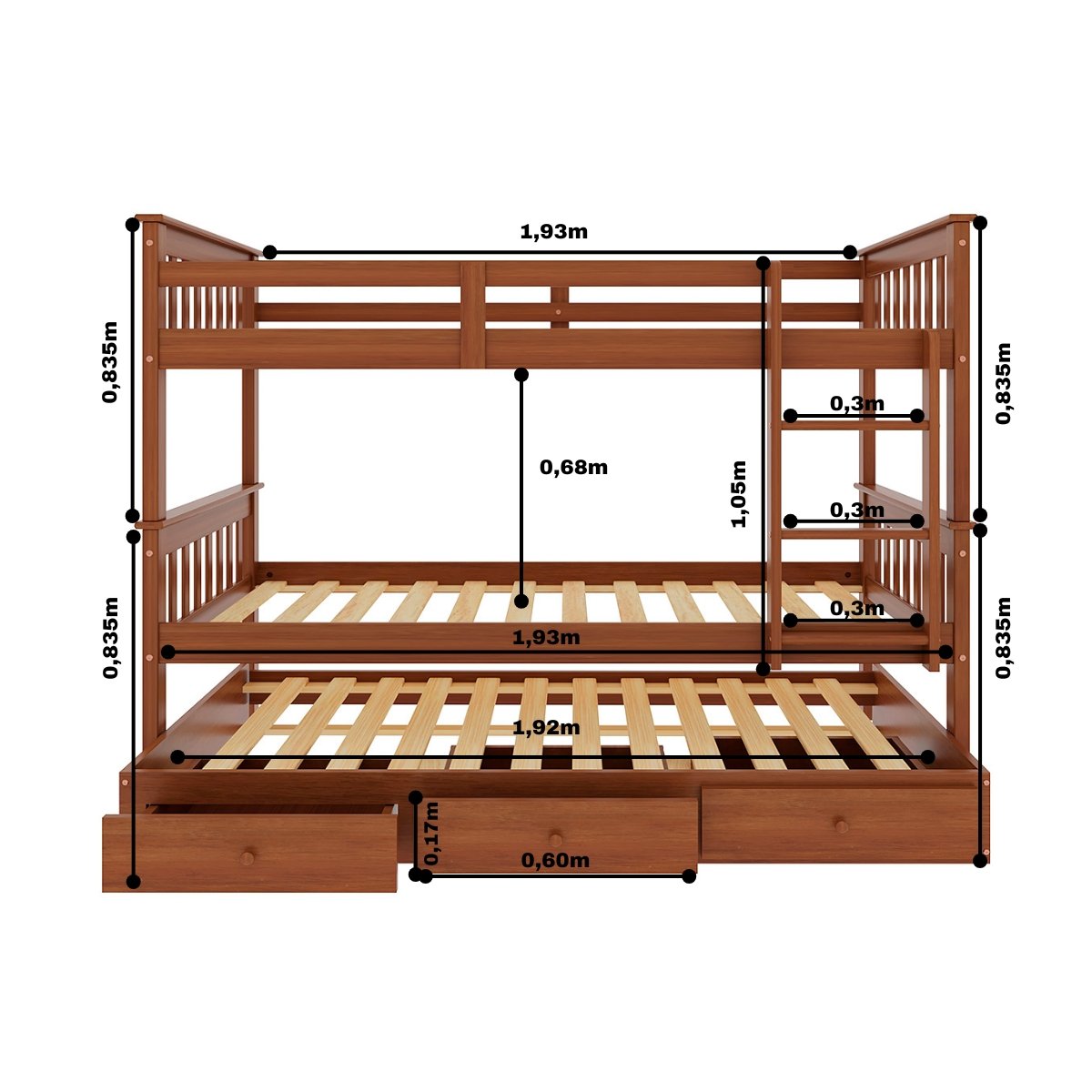 Beliche de Madeira Solteiro Merk + Cama Auxiliar com Gavetas:castanho - 2