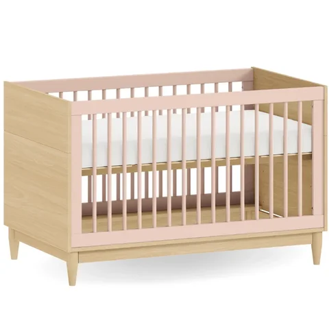 Berço Tomi 2 em 1 em Mdf e Madeira Pinus – Rosa com Carvalho Malva