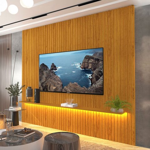 Painel para TV até 85 Polegadas Sole 1 Prateleira Ripado 100% MDF Naturale - Pnr Móveis