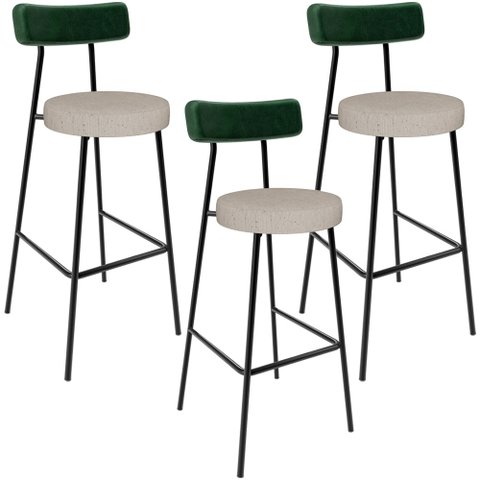 Kit 03 Banquetas Alta Bar Cozinha Sala De Jantar Milão L02 Facto Verde Musgo Linho Bege - Lyam Decor