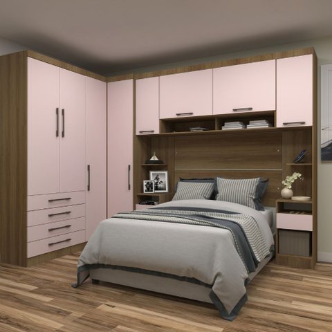 Quarto Modulado Casal de Canto 6 Peças 8 Portas 4 Gavetas Paris Luciane