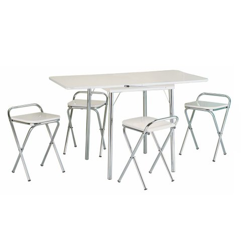 Conjunto de Mesa Flor Retangular Dobrável Branco e Cromado 4 Banquetas Dobráveis - Criativa 435/101-