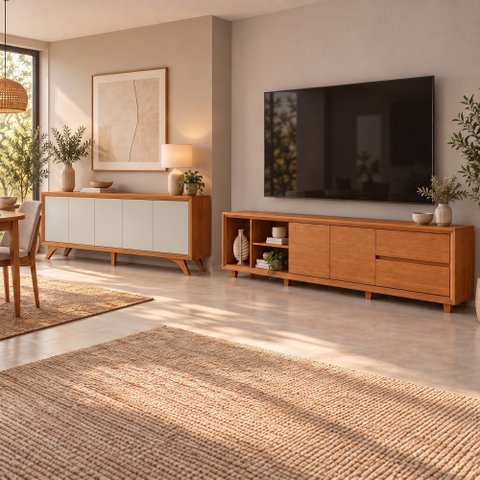 Conjunto Rack + Buffet Premium Rack Naturalle Buffet Off White/Naturalle Mavaular