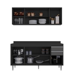 Kit Cozinha Balcão e Aéreo 160cm S/ Tampo - Belliv Decor:preto/grafite - 2