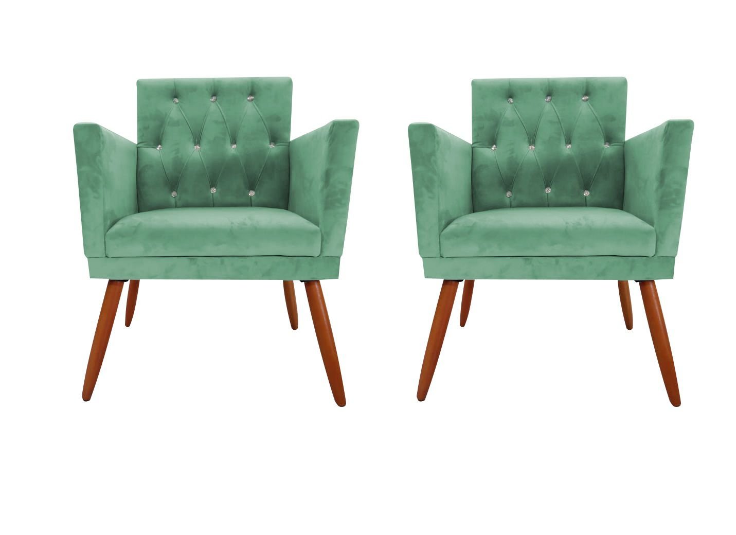 Kit Decorativo 2 Poltrona Nina Retro Botão Cristal Pés Palito Suede Verde Agua Mazzaron Móveis - 1
