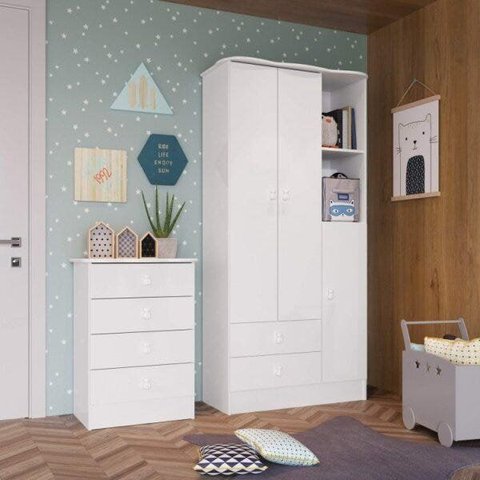 Quarto de Bebê com Guarda-Roupa e Cômoda de Bebê Arco-Íris Branco