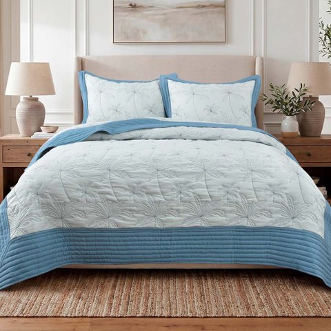 Kit Cobre Leito Egeu Casal Percal 300 Fios Colcha Matelassê Alto Relevo 3 Peças Azul Jeans
