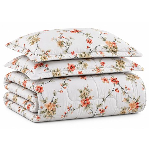 Kit Edredom Cobertor Zurique Queen Dupla Face Micropercal Estampado 400 Fios 3 Peças Floral Verde