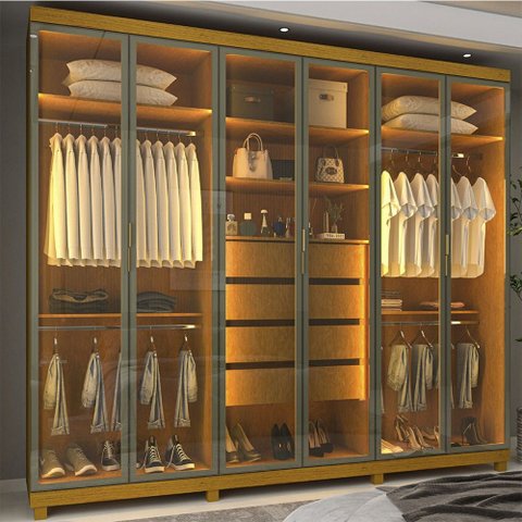 Guarda-Roupa Casal Valenza 6 Portas 100% MDF com LED e Vidro Naturale - Pnr Móveis