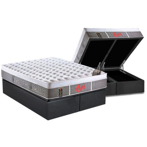 Cama Box Baú Queen: Colchão Molas Pocket Ensacadas Castor Light Stress Oxygen New Plush + Base