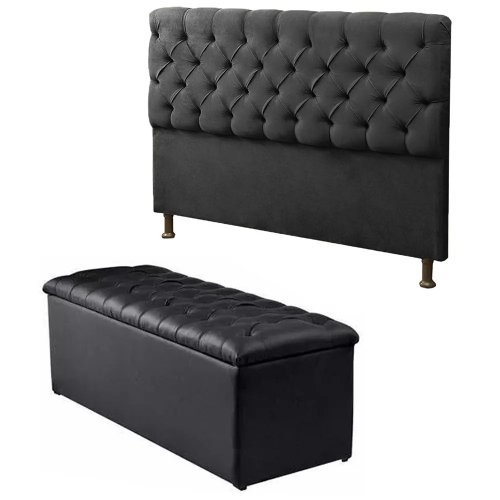 Cabeceira Mais Calçadeira Baú Casal 140cm Para Cama Box Sofia cor Preto Courino