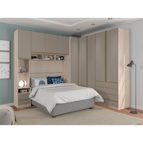 Guarda Roupa Casal de Canto 9 Portas e 6 Gavetas Legno Crema com Connect Prime Plus Luciane Móveis
