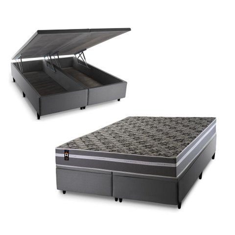 Conjunto Box Baú Super King Miami Cinza 193x203x69 Espuma D33
