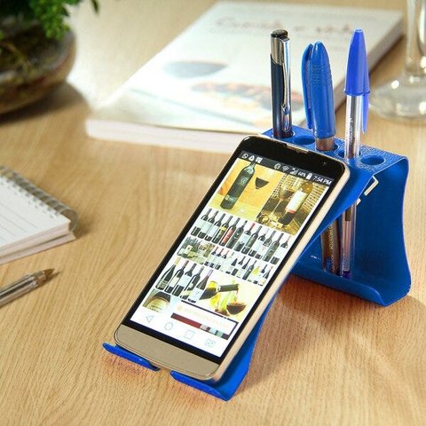 Suporte Porta Celular/Caneta de Mesa - Alumínio - Azul