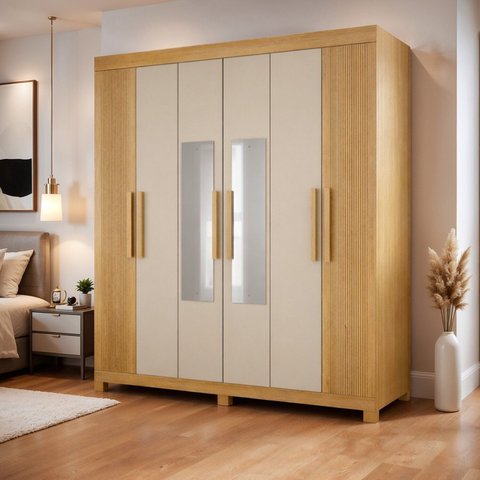 Guarda-Roupa Casal 6 Portas 2 Gavetas com Espelho 100% MDF Norten Marrom/Cinamomo/Off White