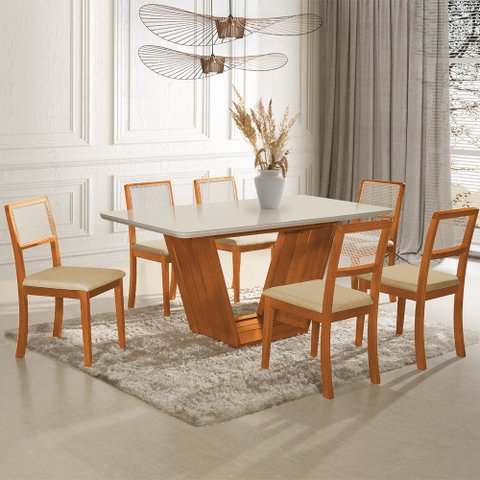 Mesa Jantar Safira 160x90 Off White com 6 Cadeiras Palha em Linho Bege Telinha Madeira Maciça Mel