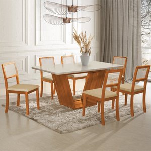 Mesa Jantar Safira - 160x90 - com 6 Cadeiras Palha em Linho Bege Off White Madeira Maciça Mel
