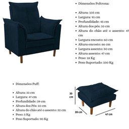Poltrona de Amamentação com Puff Quarto Bebê Vitória Suede Cor:azul Marinho - 3