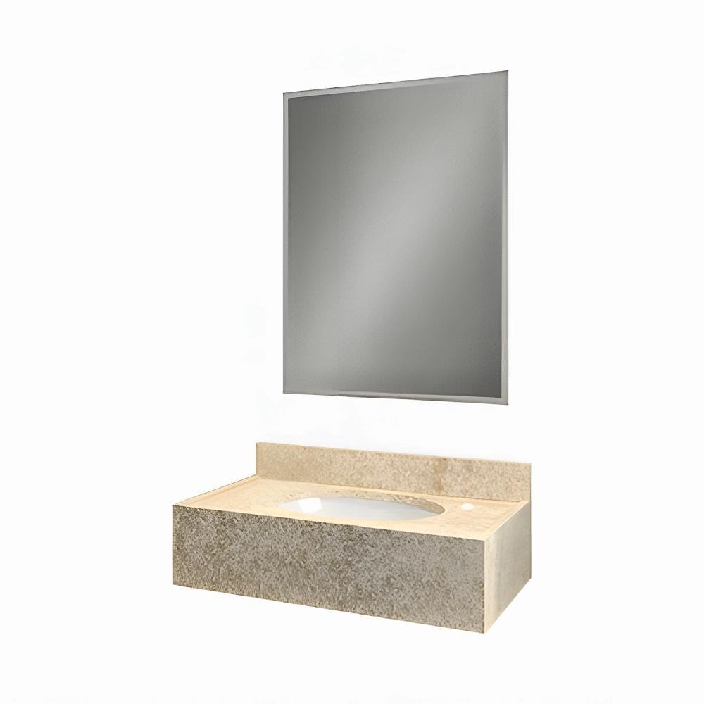 Pia Para Banheiro Em Granito e Espelho Yaris Branco Com Travertino Gaam - 1