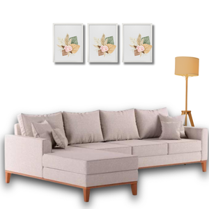 Sofá Beny com Chaise Esquerda, 1,40x2,60m, 4 Lugares, Linho Cru, Base em Madeira.