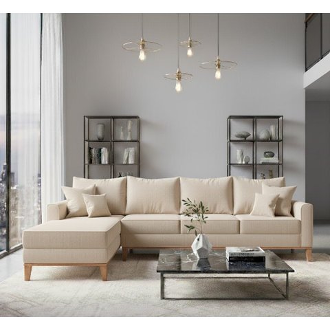 Sofá Beny com Chaise Esquerda, 1,40x2,60m, 4 Lugares, Linho, Base em Madeira.