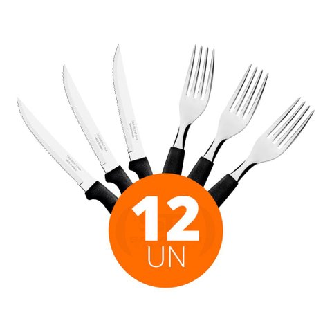 KIT - Jogo de Faca e Garfo Ipanema 12 Peças em Aço Inox Cabo Preto PTOP - Tramontina