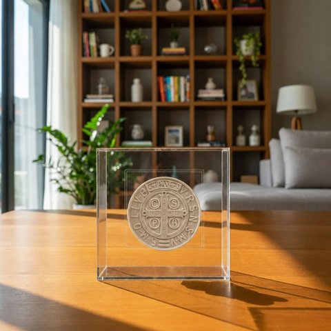 Quadro Acrílico com Medalha de São Bento de Resina 15x15x5cm - Box Luxo Religioso