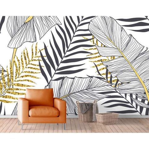 Painel Adesivo - Folhagem Preto e Dourado