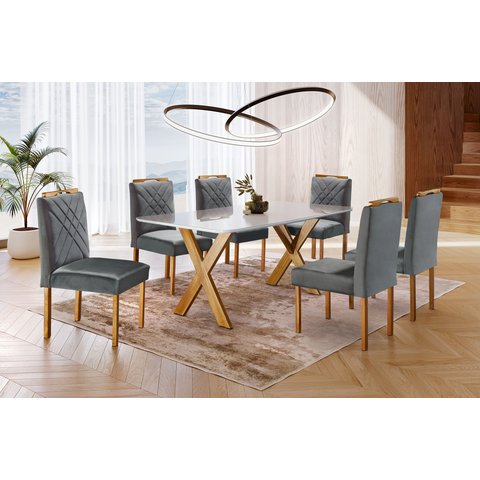 Conjunto Sala de Jantar 6 Lugares Mesa Munique com Tampo com Vidro e Cadeiras Madeira Maciça Imperia