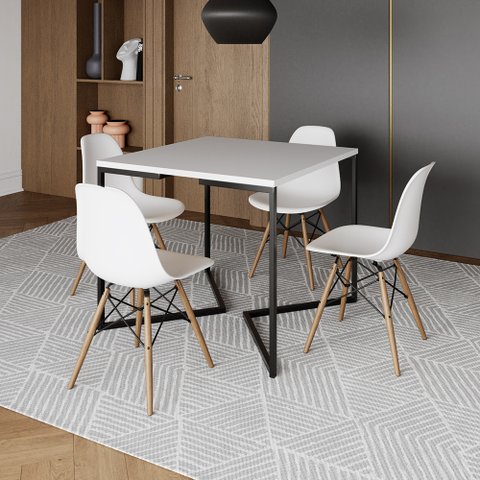 Mesa Jantar Industrial Branca Quadrada 90x90 Base V Ferro Preto com 4 Cadeiras Eames Eiffel Brancas