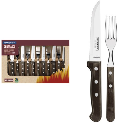 Jogo de Talheres Jumbo Tramontina Churrasco Aço Inox Madeira Polywood 12 Peças Castanho