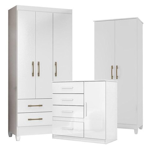 Guarda Roupa Infantil Lima com Cômoda Vênus e Armário Multiuso Jade Branco Brilho – Moval