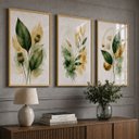 Ver imagem 1 de Kit 3 Quadros Folhagem Verde Dourado Aquarela com Moldura Dourada