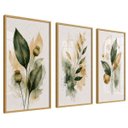 Ver imagem 2 de Kit 3 Quadros Folhagem Verde Dourado Aquarela com Moldura Dourada