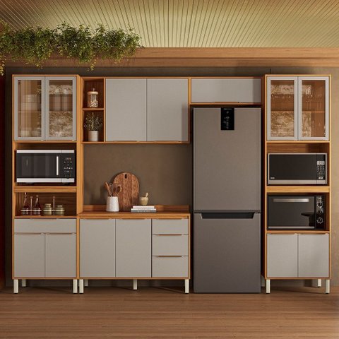 Cozinha Modulada Plena Pe0003 com 13 Portas e 4 Gavetas com Tampo Cinamon Touch Nude Demóbile