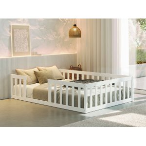 Cama Montessoriana Casal Nemargi Madeira Maciça com Grade Branco