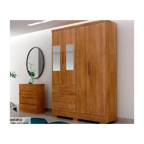 Guada Roupa Solteiro com Espelho 4 Portas 3 Gavetas 120cm com Pés Encant Cumaru - Novo Horizonte