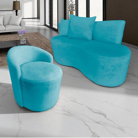 Kit Namoradeira + Poltrona Yara Orgânica Veludo Azul Turquesa