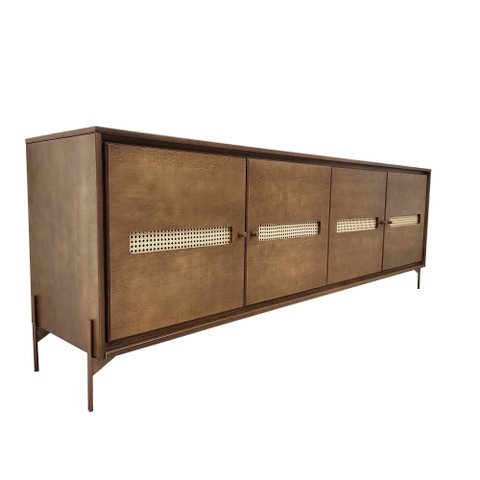 Balcão Buffet Paraty 220 Cm Laminado Madeira Pés Metal e Palhinha Imbuia