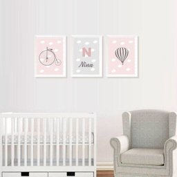 Kit Três Quadros Balão, Nuvens, Bicicleta e Nome Rosa - 6
