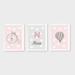 Kit Três Quadros Balão, Nuvens, Bicicleta e Nome Rosa - 1