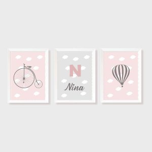 Kit Três Quadros Balão, Nuvens, Bicicleta e Nome Rosa