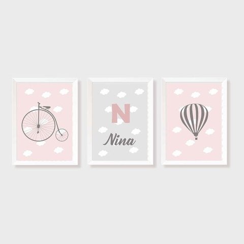 Kit Três Quadros Balão, Nuvens, Bicicleta e Nome Rosa
