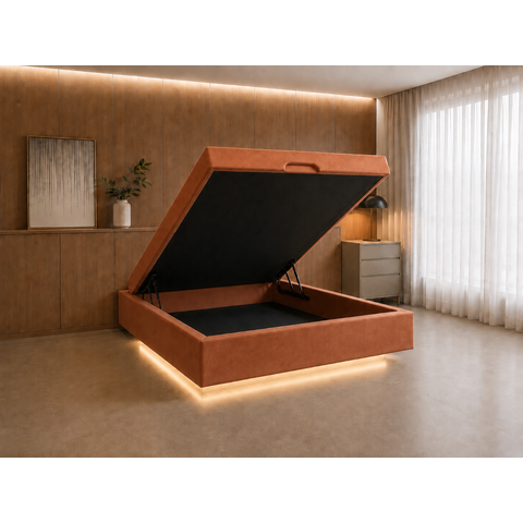 Cama Box Baú Casal Flutuante com LED, Encaixe para Colchão e Puxador Embutido:Terracota