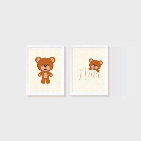 Kit 2 Quadros Urso Nome Tons Neutros