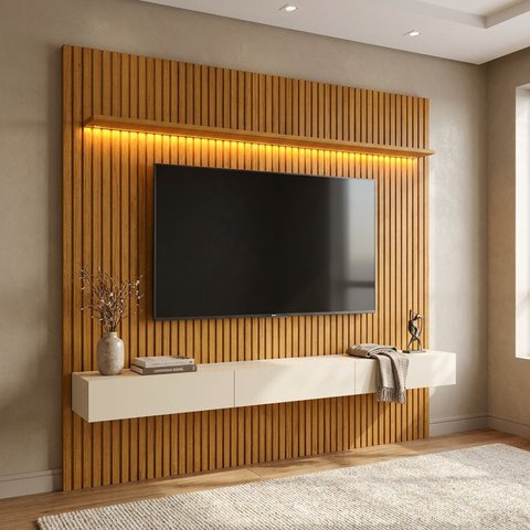Rack com Painel Ripado para TV até 90 Polegadas em MDF com LED 250x229cm Marrom Naturale/Off White